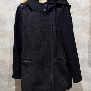 MICHAEL Michael Kors Black Hooded Pea Coat with Asymmetrical Zip